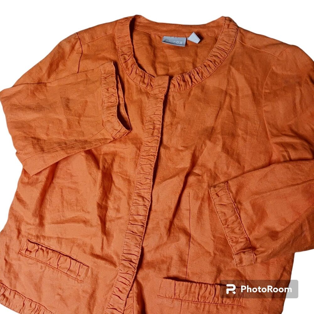Chico's Women's Large‎ (2) Orange Jacket Blazer Linen  3/4 Sleeve Snap Button